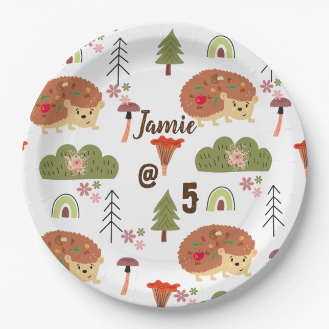 Assiettes En Carton Cute Hedgehog Nature Floral Rainbow Motif (Devant)
