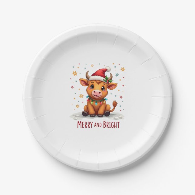 Assiettes En Carton Cute Highland Baby Cow Christmas Lights Merry & Br (Devant)