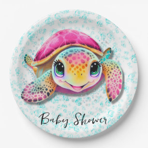 Assiettes En Carton Cute Hot Rose et Turquoise Turtle Girl Baby shower