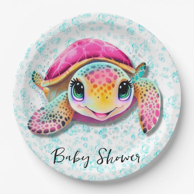 Assiettes En Carton Cute Hot Rose et Turquoise Turtle Girl Baby shower (Devant)