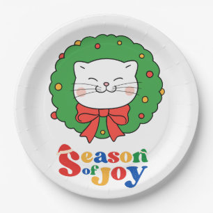 Assiettes En Carton Cute Kawaii Chat Noël Wreath Saison de joie