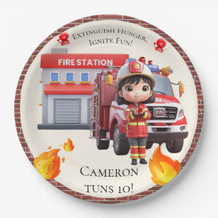 Assiettes En Carton Cute Kawaii Pompier Girl et Camion d'incendie