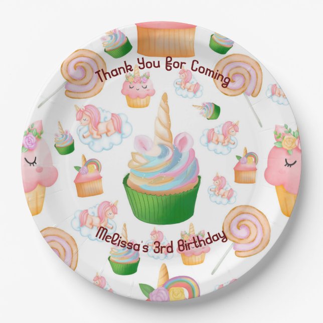 Assiettes En Carton Cute Kids Colorée Cupcake Unicorn Anniversaire (Devant)