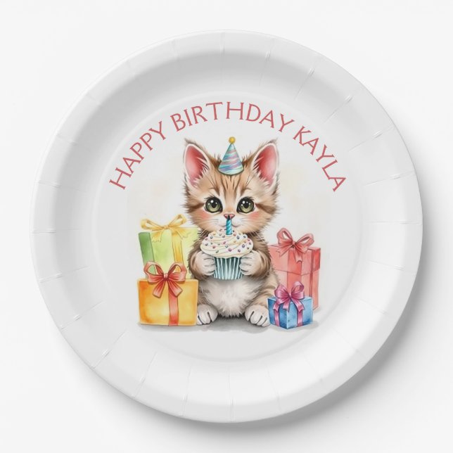 Assiettes En Carton Cute Kitten personnalisé en Casquette d'anniversai (Devant)
