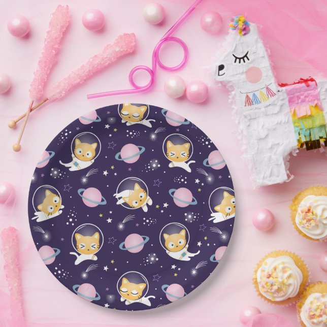 Assiettes En Carton Cute Kitty Chat Astronauts Motif (Fête)