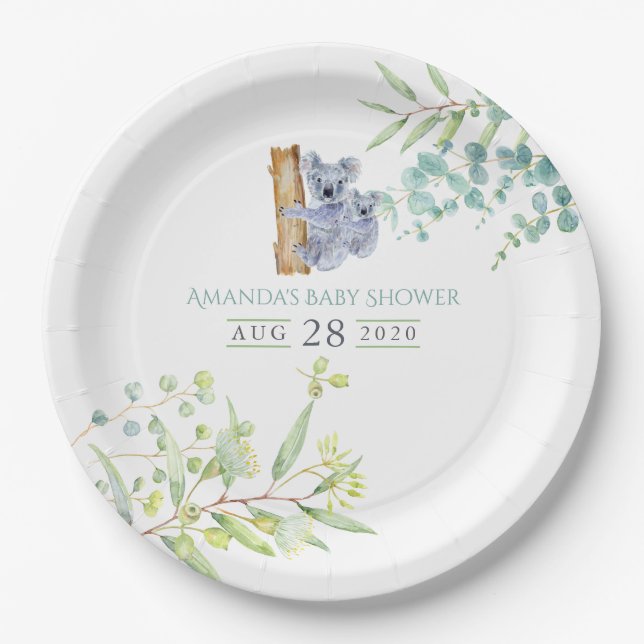 Assiettes En Carton Cute Koala Porte Baby shower Feuille Eucalyptus (Devant)
