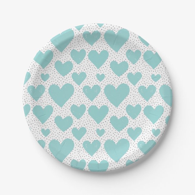 Assiettes En Carton Cute Light Blue Hearts et Confetti Motif Party (Devant)