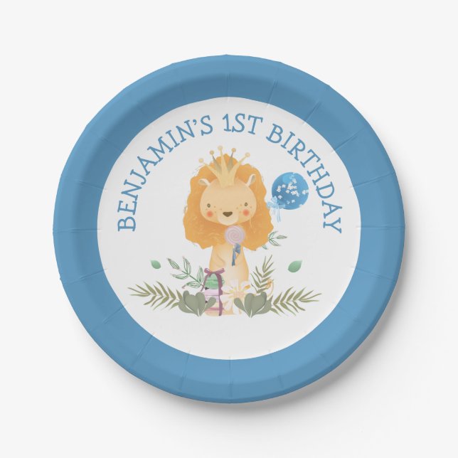 Assiettes En Carton Cute Lion Feuilles Blue Boys 1er fête d'anniversai (Devant)