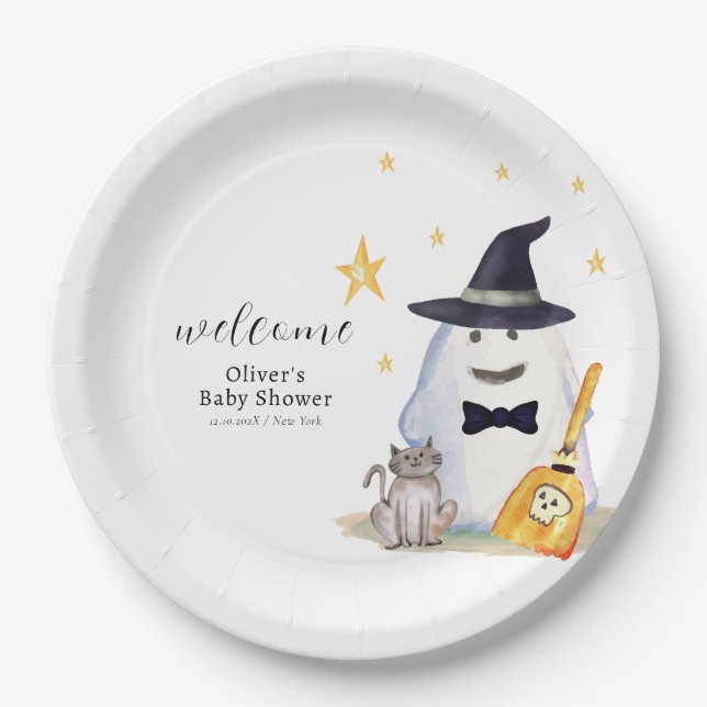 Assiettes En Carton Cute Little Boo Ghost Boy Baby shower Bienvenue (Devant)