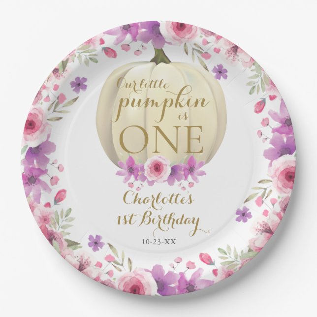 Assiettes En Carton Cute Little Citrouille Floral 1er anniversaire (Devant)
