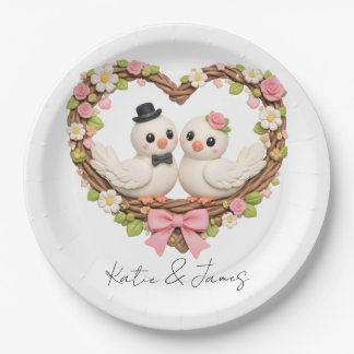Assiettes En Carton Cute Love Birds in Heart-Shaped Floral Wreath