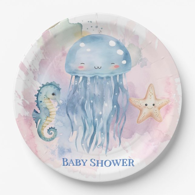 Assiettes En Carton Cute méduse et amis Baby shower Pastel (Devant)