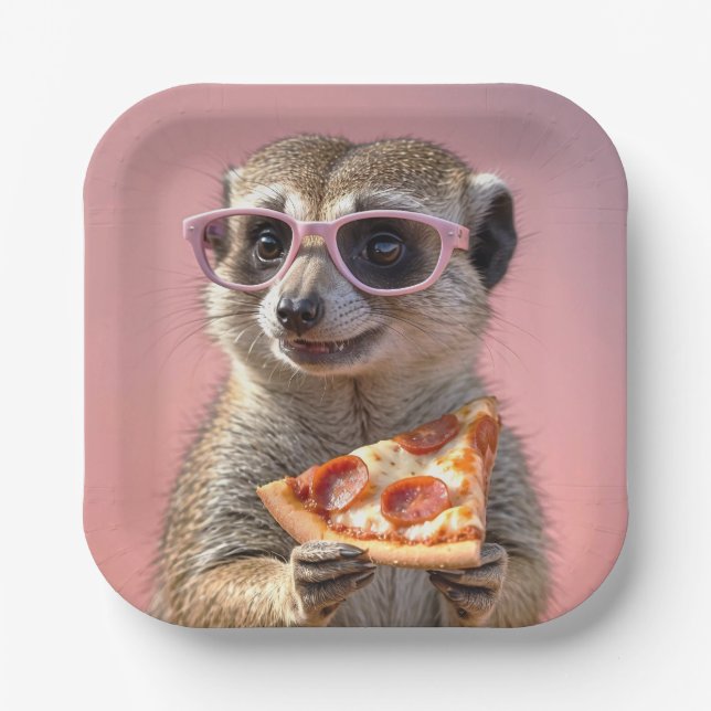 Assiettes En Carton Cute Meerkat avec lunettes et pizza (Recto)