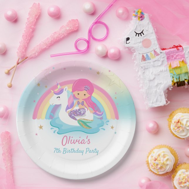 Assiettes En Carton Cute Mermaid et Unicorn Pool Anniversaire (Fête)