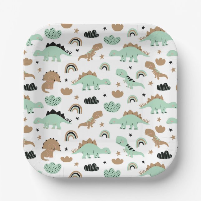 Assiettes En Carton Cute Mint Green Dinosaur Motif (Recto)