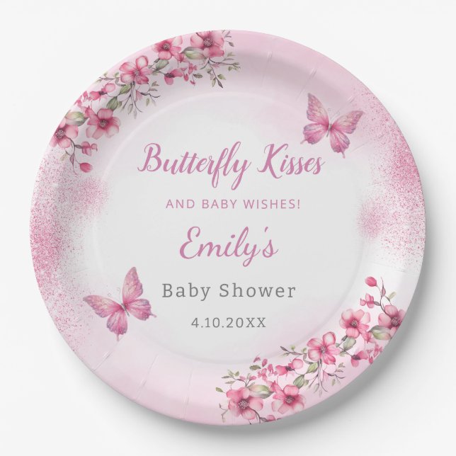 Assiettes En Carton Cute Moderne rose florale papillon fille Baby show (Devant)