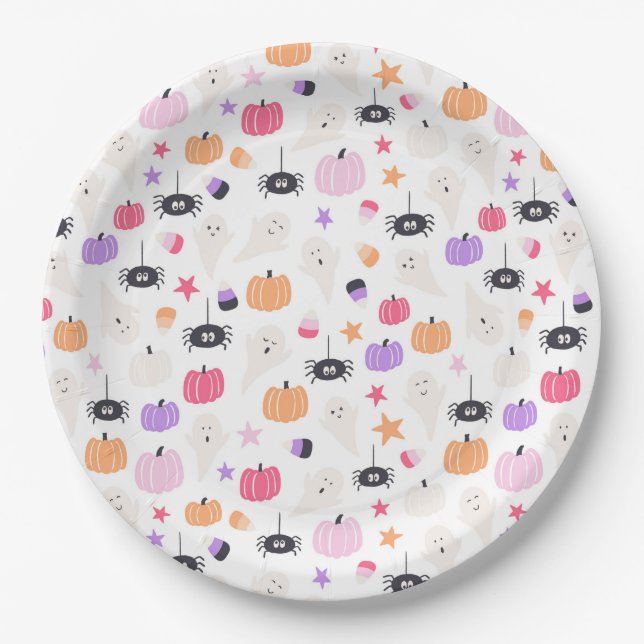 Assiettes En Carton Cute Moderne violet citrouille et araignée Hallowe (Devant)