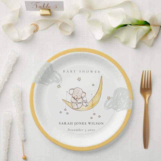 Assiettes En Carton Cute Moon Stars Elephant Bunny Baby shower neutre (Mariage)