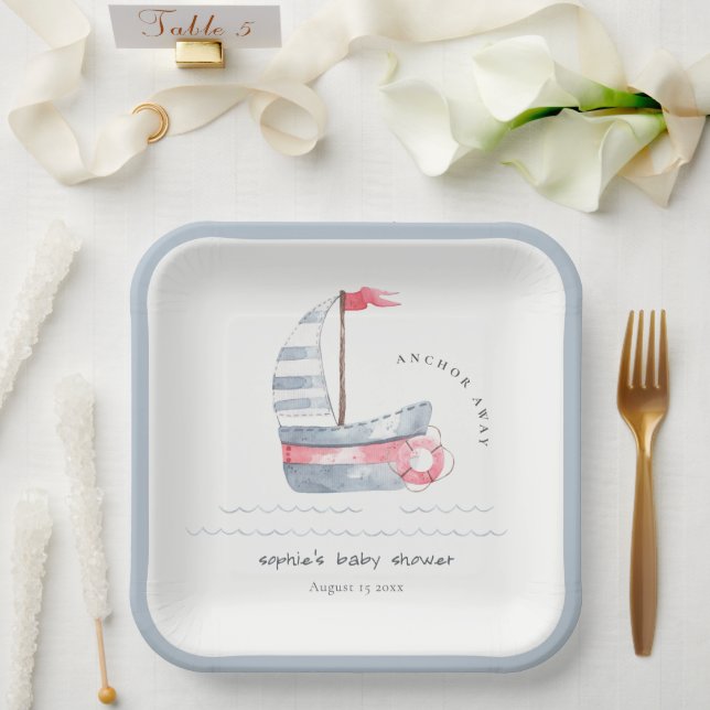 Assiettes En Carton Cute Nautical Pastel Rouge Bleu Baby shower de voi (Mariage)
