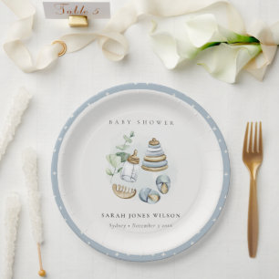 Assiettes En Carton Cute Nursery Essential Leafy Blue Boy Baby shower