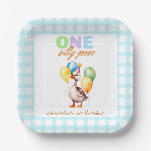 Assiettes En Carton Cute One Silly Goose Blue En vichy 1er anniversair