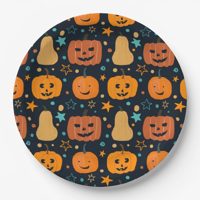 Assiettes En Carton Cute Orange Jack-o'-lantern Citrouille Halloween (Devant)