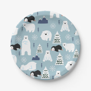 Assiettes En Carton Cute Ours d'hiver et Pingouin Pastel Blue Party