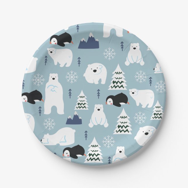 Assiettes En Carton Cute Ours d'hiver et Pingouin Pastel Blue Party (Devant)