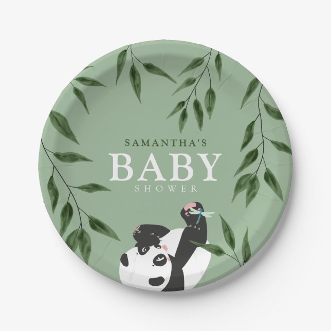 Assiettes En Carton Cute Panda & Foliage Baby shower neutre (Devant)