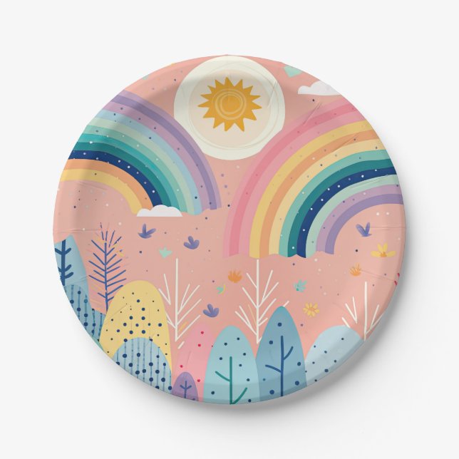 Assiettes En Carton Cute Pastel Boho Rainbow & Sun Above Forest (Devant)