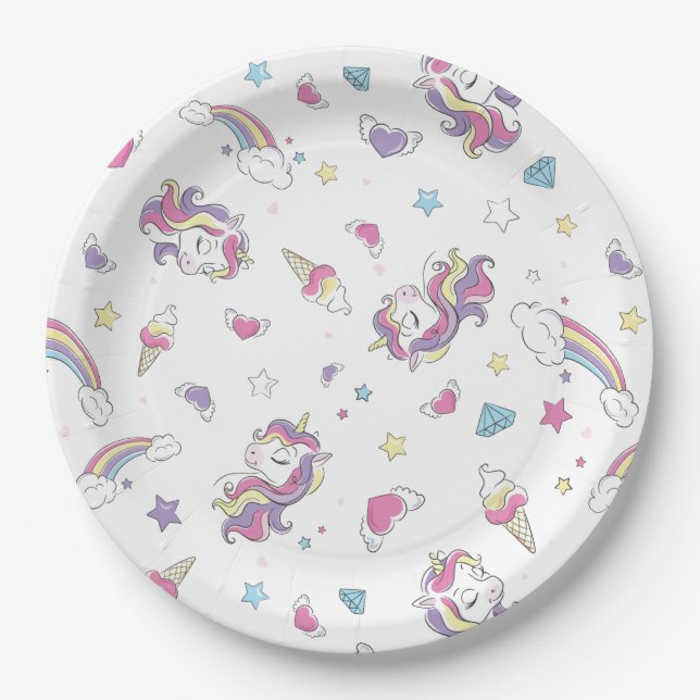 Assiettes En Carton Cute Pastel Rainbow Unicorn Motif Anniversaire (Devant)