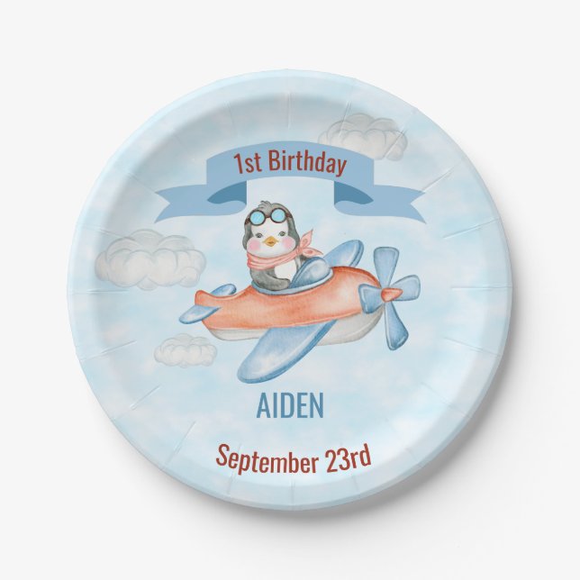 Assiettes En Carton Cute Penguin Avion Bleu 1er anniversaire (Devant)