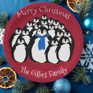 Assiettes En Carton Cute Penguin Famille Joyeux Noël Plaques de fête