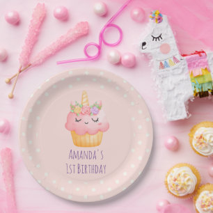 Assiettes En Carton Cute Pink Cupcake Unicorn avec Rose Anniversaire