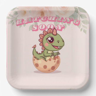 Assiettes En Carton Cute Pink Dino Hatching Soon