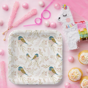Assiettes En Carton Cute Pink Gold Chickadee Bird Floral Heard Event