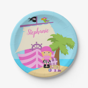 Assiettes En Carton Cute Pirate Blonde Girl & A Big Ship Custom Name
