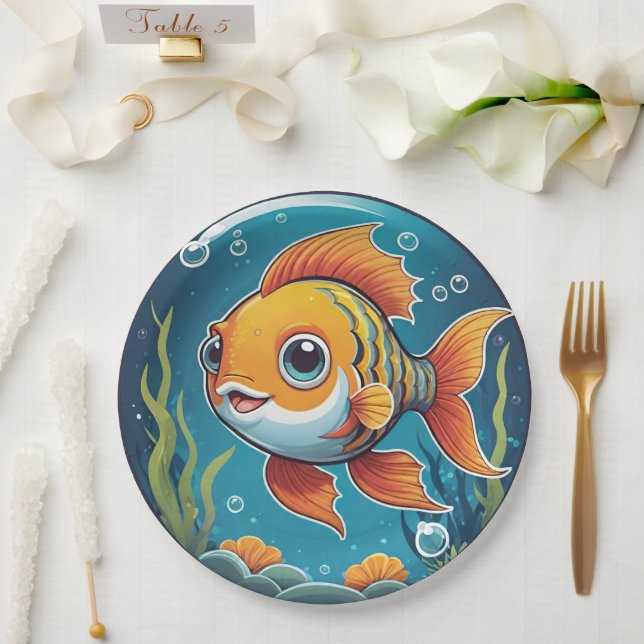 Assiettes En Carton Cute poisson d'or nager sous l'eau avec des bulles (Mariage)