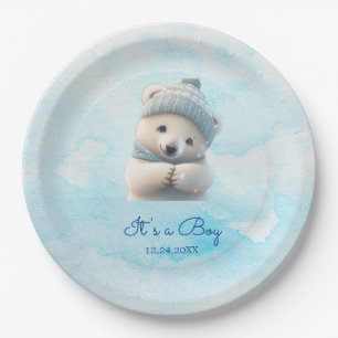 Assiettes En Carton Cute Polar Ours Hiver Bleu Baby shower Son Garçon