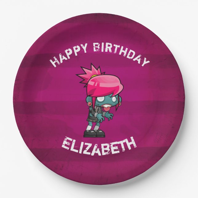 Assiettes En Carton Cute Punk Rock Zombie Girl Joyeux Anniversaire (Devant)