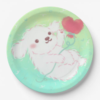 Assiettes En Carton Cute Puppy with Heart Balloon