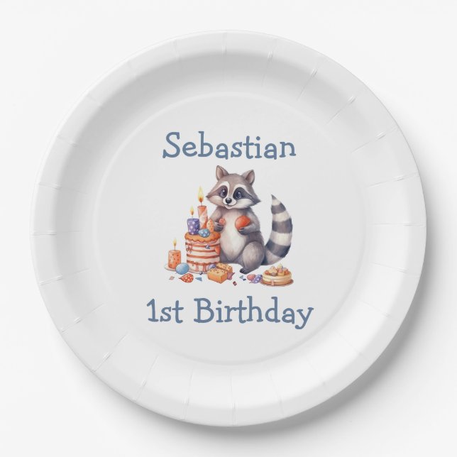 Assiettes En Carton Cute Raccoon Garçon 1er Anniversaire fête Personna (Devant)