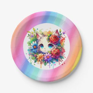 Assiettes En Carton Cute Rainbow Anime Chat Anniversaire Gâteau Person
