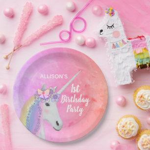 Assiettes En Carton Cute Rainbow Unicorn 1er anniversaire Watercolor P