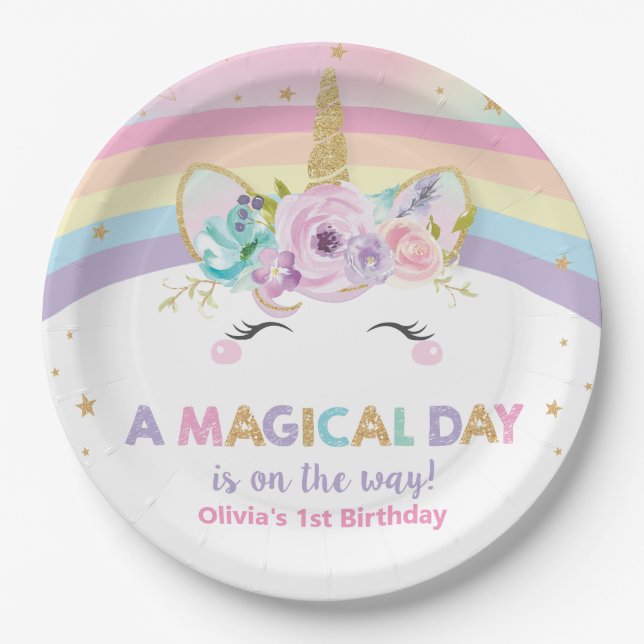 Assiettes En Carton Cute Rainbow Unicorn fête d'anniversaire (Devant)