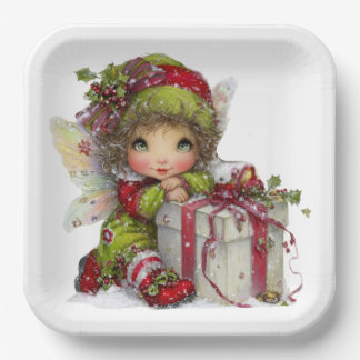ASSIETTES EN CARTON CUTE RED AND GREEN HOLIDAY CHRISTMAS FAIRY GIRL