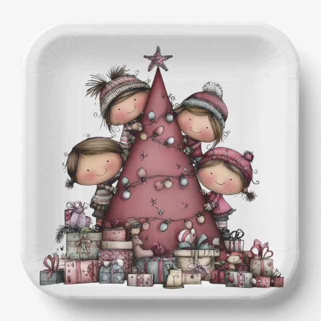 ASSIETTES EN CARTON CUTE RED AND PINK HOLIDAY CHRISTMAS TREES (Recto)