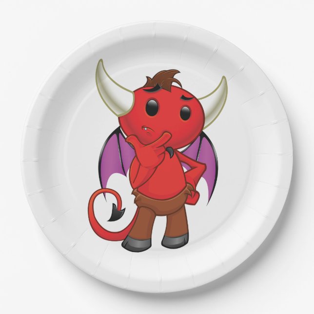 Assiettes En Carton Cute Red Devil Character Thinking Mischievous (Devant)