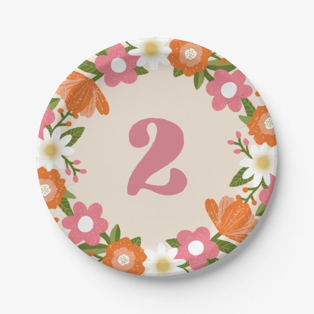 Assiettes En Carton Cute Retro Floral 2 | Filles Deuxième anniversaire (Devant)