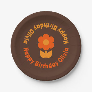 Assiettes En Carton Cute Retro les années 70 Fleur Orange Brown Annive